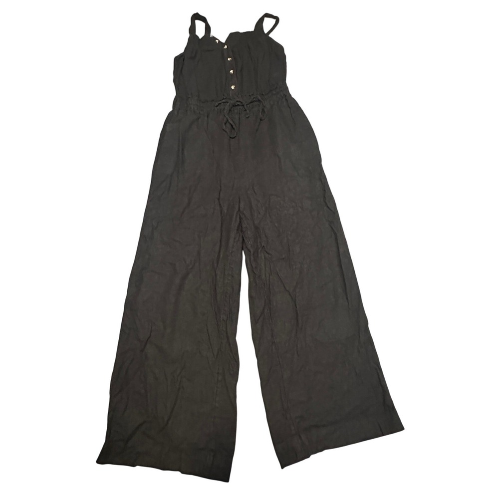 DIP Women's Linen Blend Jumpsuit Medium Black Wide Leg Tank Elastic Waist Button
